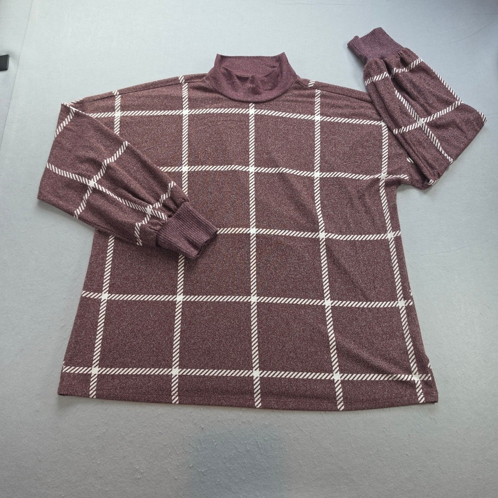 Maurices Womens 1X Burgundy Windowpane Plaid Mock Neck Balloon Sleeve Knit Top